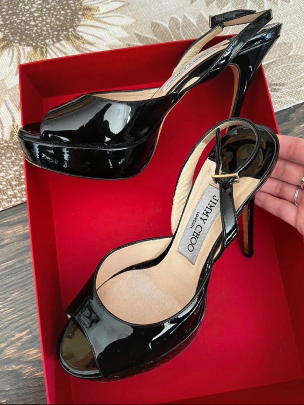 Jimmy Choo Black Patent Leather Peep-Toe Slingback Platform Heels